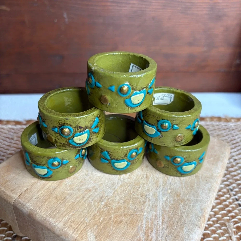 Set of 6 Vintage Fitz & Floyd Paper Mâché Green Napkin Rings Bird Motif